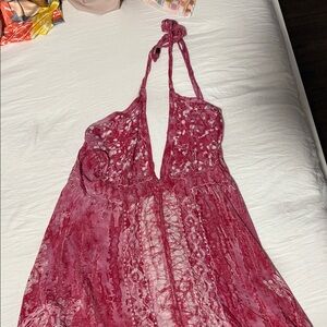 Elegant Lace Midi Dress in Deep Pink